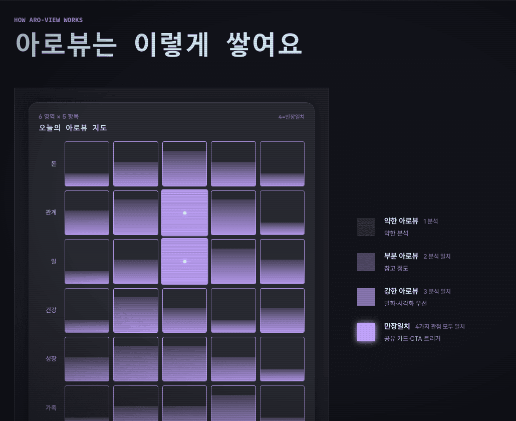 아로뷰 지도 — 돈·관계·일·건강·성장·가족 6영역을 세로로, 각 5칸을 가로로 놓은 30칸 격자. 합의가 강한 칸일수록 밝게 채워지고, 오른쪽에 1~4 분석 일치 단계를 설명하는 범례가 있다